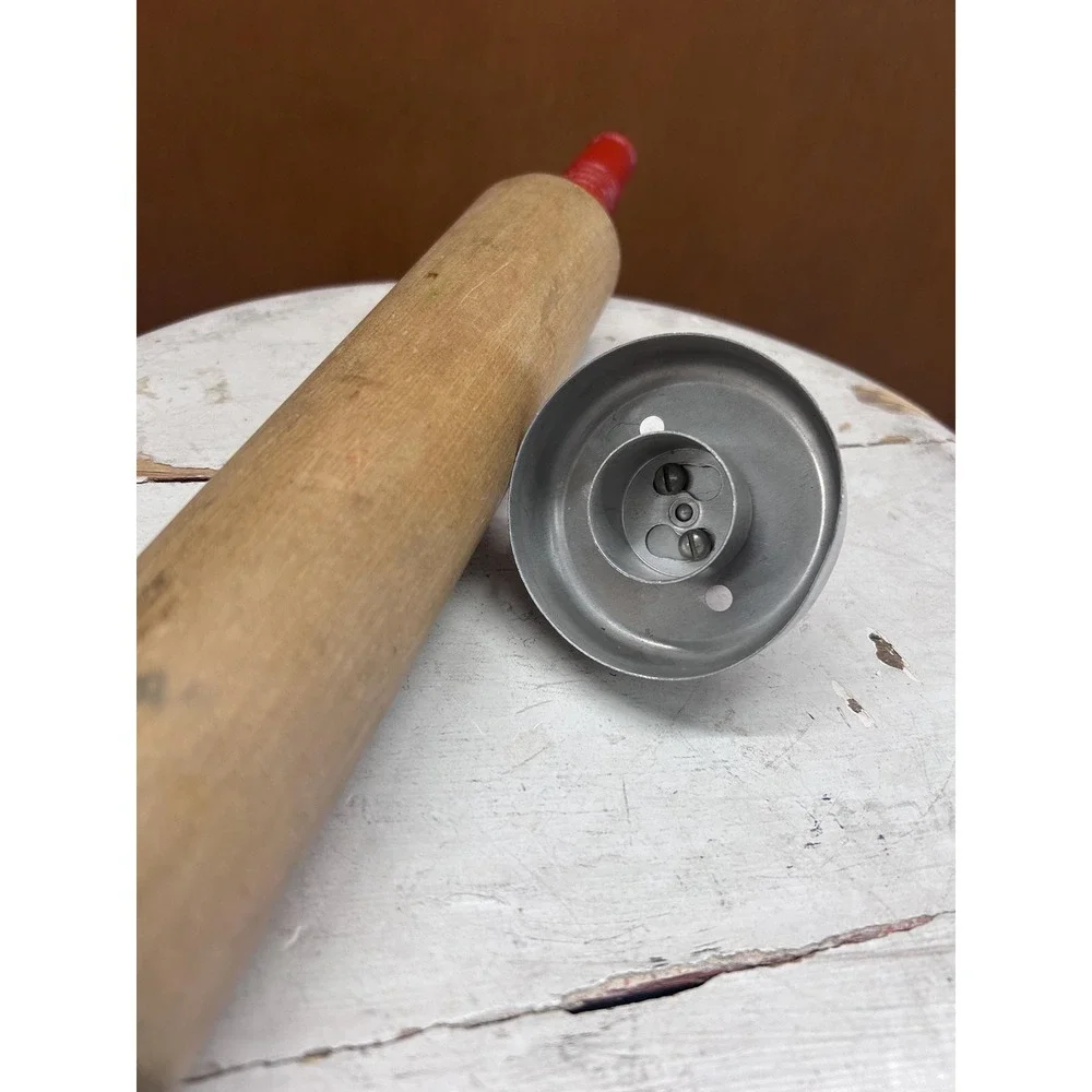 Wooden Rolling Pin & Biscuit/Cookie Cutter w/ Doughnut Hole Insert Red Handles